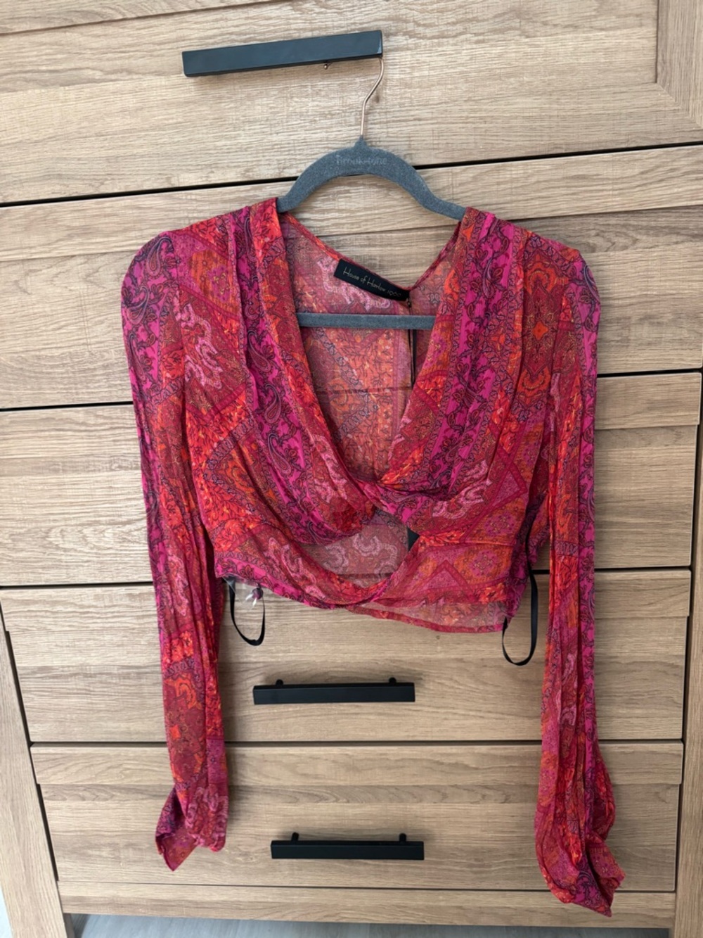 House of Harlow 1960 Pink and Red Paisley Sheer Draped Crop Top